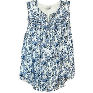 Katherine Barclay fancy boho blue and white floral tie front sleeveless blouse